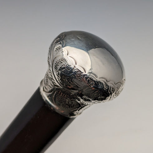 1913 British Vintage Men's Walking Stick, Sterling Silver, Round Handle, 91cm, Black Shaft